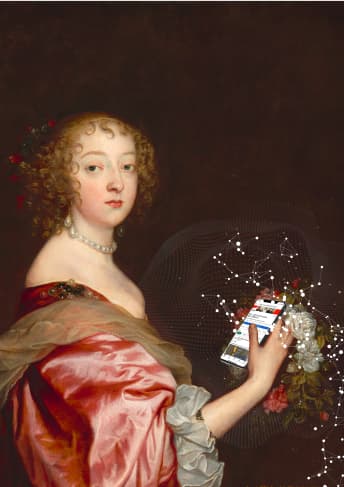 Une dame en robe de satin rose, portrait à la manière de van Dyck, tenant un téléphone d’où s’échappe un nuage de points reliés