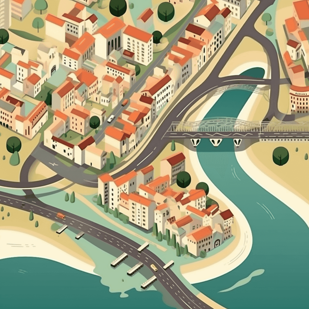 Vue aérienne stylisée d’une ville traversée par un fleuve, avec ses ponts, ses quais et ses toits de tuiles