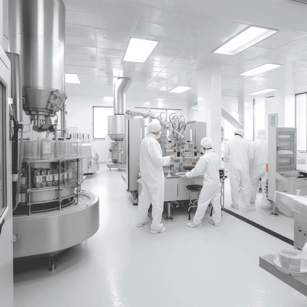 L’intérieur d’un laboratoire pharmaceutique : quatre opérateurs en combinaison blanche autour d’une ligne de conditionnement en inox
